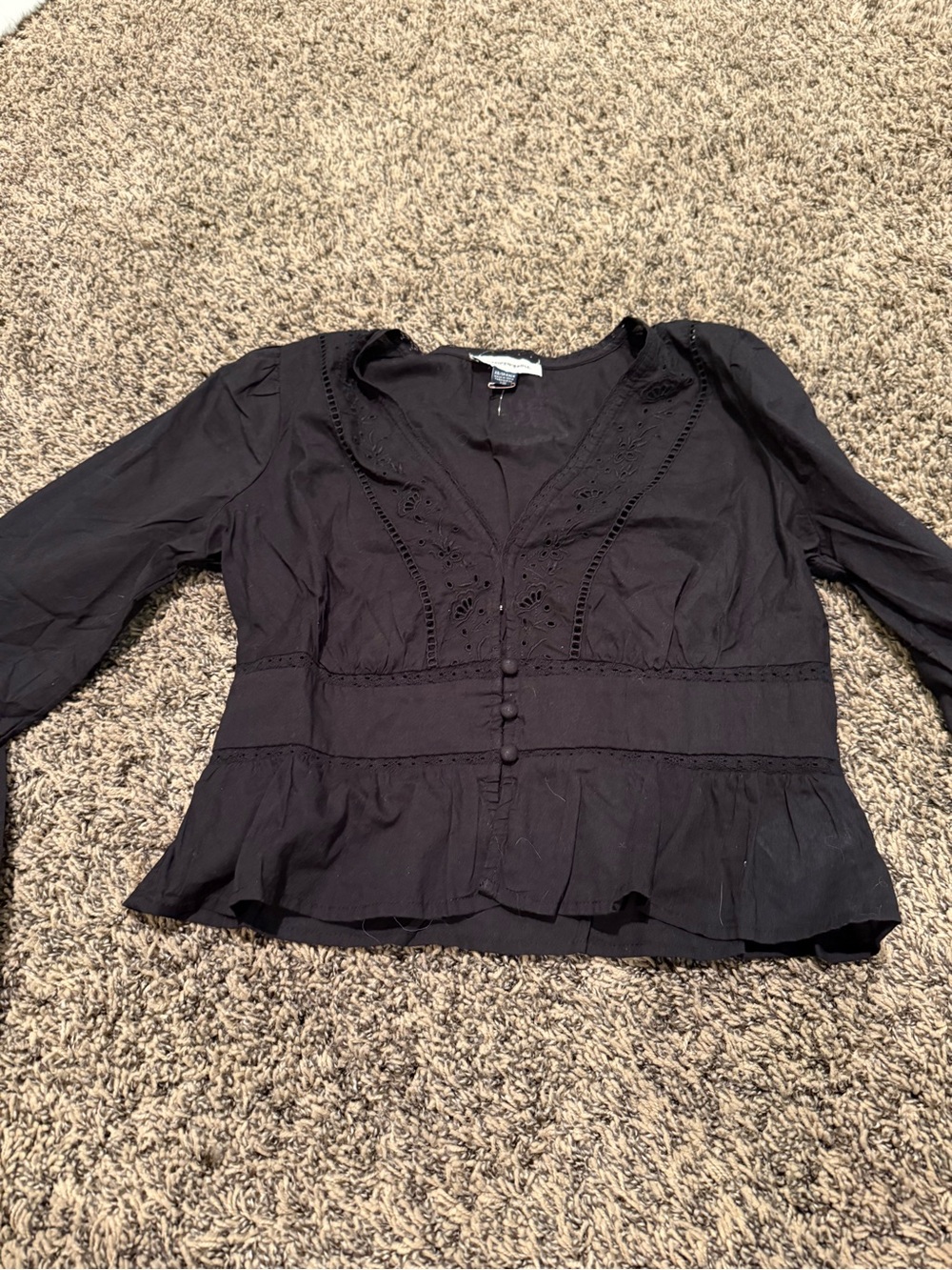 American Eagle Outfitters Black Eyelet V-Neck Button Peplum Blouse